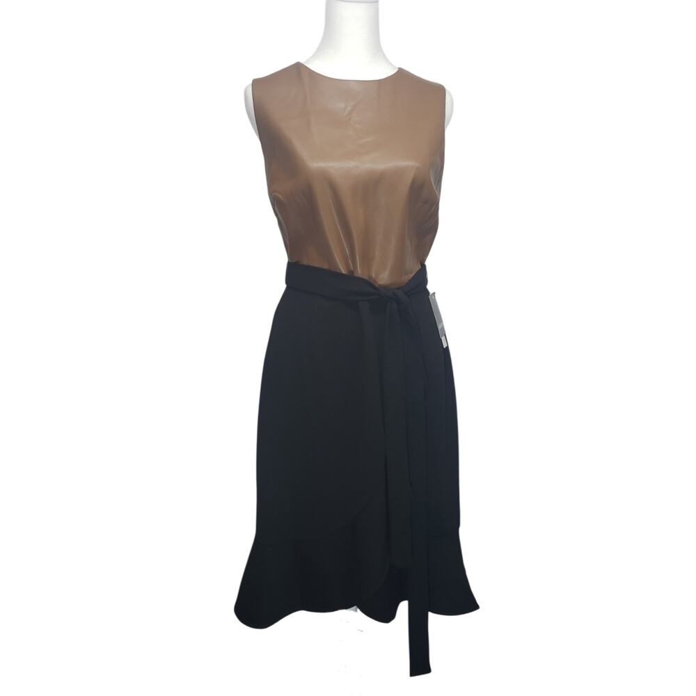Addison Cognac & Black Faux‑Wrap Belted Dress Size 10 Corporate Chic Workwear